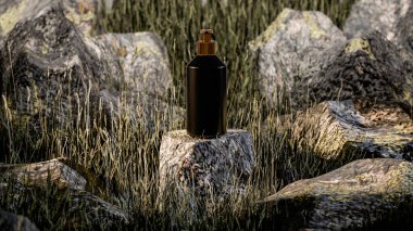 Siyah lüks bir kozmetik pompa şişesinin doğal çimen manzarasında bir taşın üzerinde duran altın kaplama, markalaşma, ürün tasarımı ve reklam görselleştirmesi için mükemmel..