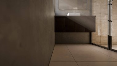 Modern minimalist banyo, lavabo, ayna ve doğal ışık altında duş. Zarif beton ve ahşap tasarım mimari, gayrimenkul ve iç tasarım kavramları için mükemmel..