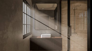 Modern minimalist banyo, lavabo, ayna ve doğal ışık altında duş. Zarif beton ve ahşap tasarım mimari, gayrimenkul ve iç tasarım kavramları için mükemmel..