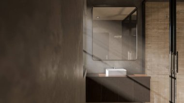 Modern minimalist banyo, lavabo, ayna ve doğal ışık altında duş. Zarif beton ve ahşap tasarım mimari, gayrimenkul ve iç tasarım kavramları için mükemmel..