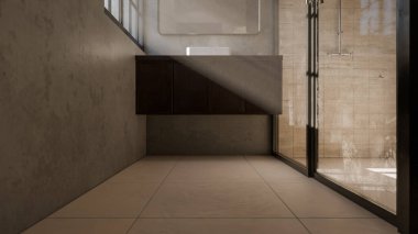 Modern minimalist banyo, lavabo, ayna ve doğal ışık altında duş. Zarif beton ve ahşap tasarım mimari, gayrimenkul ve iç tasarım kavramları için mükemmel..