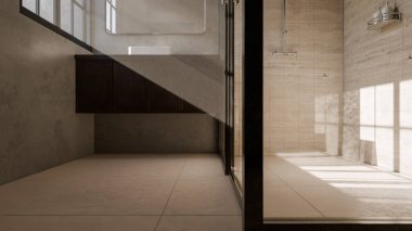Modern minimalist banyo, lavabo, ayna ve doğal ışık altında duş. Zarif beton ve ahşap tasarım mimari, gayrimenkul ve iç tasarım kavramları için mükemmel..