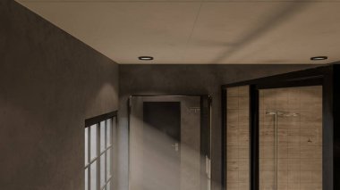 Modern minimalist banyo, lavabo, ayna ve doğal ışık altında duş. Zarif beton ve ahşap tasarım mimari, gayrimenkul ve iç tasarım kavramları için mükemmel..