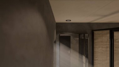 Modern minimalist banyo, lavabo, ayna ve doğal ışık altında duş. Zarif beton ve ahşap tasarım mimari, gayrimenkul ve iç tasarım kavramları için mükemmel..