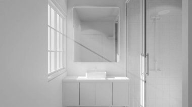 Modern minimalist banyo, lavabo, ayna ve doğal ışık altında duş. Zarif beton ve ahşap tasarım mimari, gayrimenkul ve iç tasarım kavramları için mükemmel..