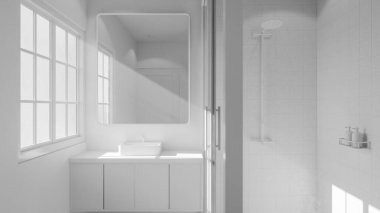 Modern minimalist banyo, lavabo, ayna ve doğal ışık altında duş. Zarif beton ve ahşap tasarım mimari, gayrimenkul ve iç tasarım kavramları için mükemmel..