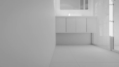 Modern minimalist banyo, lavabo, ayna ve doğal ışık altında duş. Zarif beton ve ahşap tasarım mimari, gayrimenkul ve iç tasarım kavramları için mükemmel..