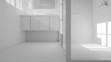 Modern minimalist banyo, lavabo, ayna ve doğal ışık altında duş. Zarif beton ve ahşap tasarım mimari, gayrimenkul ve iç tasarım kavramları için mükemmel..