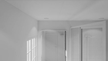 Modern minimalist banyo, lavabo, ayna ve doğal ışık altında duş. Zarif beton ve ahşap tasarım mimari, gayrimenkul ve iç tasarım kavramları için mükemmel..