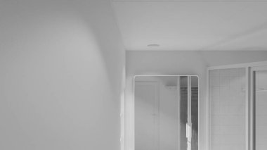 Modern minimalist banyo, lavabo, ayna ve doğal ışık altında duş. Zarif beton ve ahşap tasarım mimari, gayrimenkul ve iç tasarım kavramları için mükemmel..