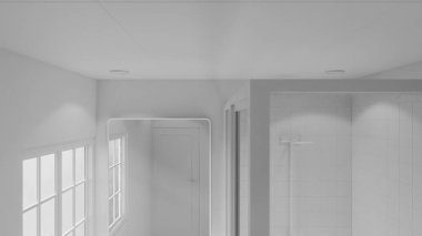 Modern minimalist banyo, lavabo, ayna ve doğal ışık altında duş. Zarif beton ve ahşap tasarım mimari, gayrimenkul ve iç tasarım kavramları için mükemmel..