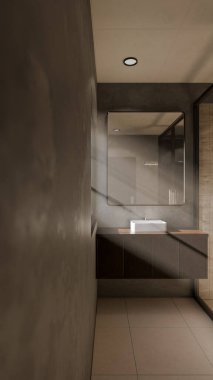Modern minimalist banyo, lavabo, ayna ve doğal ışık altında duş. Zarif beton ve ahşap tasarım mimari, gayrimenkul ve iç tasarım kavramları için mükemmel..