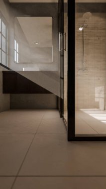 Modern minimalist banyo, lavabo, ayna ve doğal ışık altında duş. Zarif beton ve ahşap tasarım mimari, gayrimenkul ve iç tasarım kavramları için mükemmel..