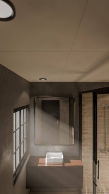Modern minimalist banyo, lavabo, ayna ve doğal ışık altında duş. Zarif beton ve ahşap tasarım mimari, gayrimenkul ve iç tasarım kavramları için mükemmel..