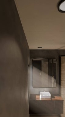 Modern minimalist banyo, lavabo, ayna ve doğal ışık altında duş. Zarif beton ve ahşap tasarım mimari, gayrimenkul ve iç tasarım kavramları için mükemmel..