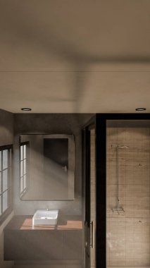 Modern minimalist banyo, lavabo, ayna ve doğal ışık altında duş. Zarif beton ve ahşap tasarım mimari, gayrimenkul ve iç tasarım kavramları için mükemmel..