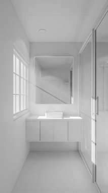 Modern minimalist banyo, lavabo, ayna ve doğal ışık altında duş. Zarif beton ve ahşap tasarım mimari, gayrimenkul ve iç tasarım kavramları için mükemmel..