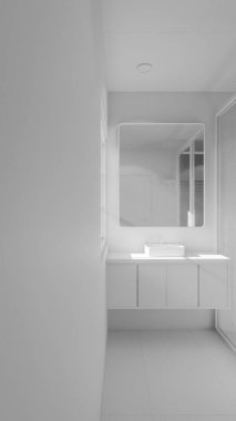 Modern minimalist banyo, lavabo, ayna ve doğal ışık altında duş. Zarif beton ve ahşap tasarım mimari, gayrimenkul ve iç tasarım kavramları için mükemmel..