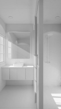 Modern minimalist banyo, lavabo, ayna ve doğal ışık altında duş. Zarif beton ve ahşap tasarım mimari, gayrimenkul ve iç tasarım kavramları için mükemmel..