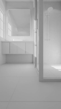 Modern minimalist banyo, lavabo, ayna ve doğal ışık altında duş. Zarif beton ve ahşap tasarım mimari, gayrimenkul ve iç tasarım kavramları için mükemmel..