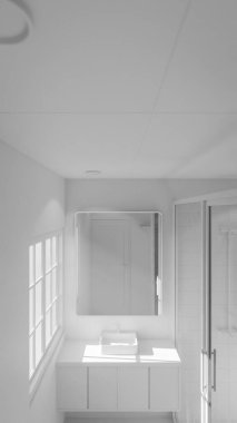 Modern minimalist banyo, lavabo, ayna ve doğal ışık altında duş. Zarif beton ve ahşap tasarım mimari, gayrimenkul ve iç tasarım kavramları için mükemmel..