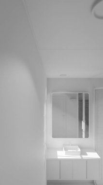 Modern minimalist banyo, lavabo, ayna ve doğal ışık altında duş. Zarif beton ve ahşap tasarım mimari, gayrimenkul ve iç tasarım kavramları için mükemmel..