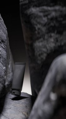 Doğal taş podyumda, cilt markası, kozmetik ambalajlama, reklam ve lüks ürün tasarımı için ideal siyah bir yüz köpüğü tüpünün 3 boyutlu görüntüsü..