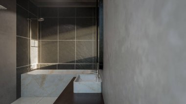 Modern minimalist banyo, mermer küvet, lavabo, ayna ve doğal ışıklandırma. Mimari, iç mimari, gayrimenkul ve ev dekorasyonu için mükemmel..