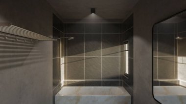 Modern minimalist banyo, mermer küvet, lavabo, ayna ve doğal ışıklandırma. Mimari, iç mimari, gayrimenkul ve ev dekorasyonu için mükemmel..