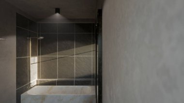 Modern minimalist banyo, mermer küvet, lavabo, ayna ve doğal ışıklandırma. Mimari, iç mimari, gayrimenkul ve ev dekorasyonu için mükemmel..