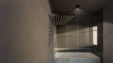 Modern minimalist banyo, mermer küvet, lavabo, ayna ve doğal ışıklandırma. Mimari, iç mimari, gayrimenkul ve ev dekorasyonu için mükemmel..