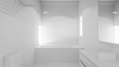 Modern minimalist banyo, mermer küvet, lavabo, ayna ve doğal ışıklandırma. Mimari, iç mimari, gayrimenkul ve ev dekorasyonu için mükemmel..