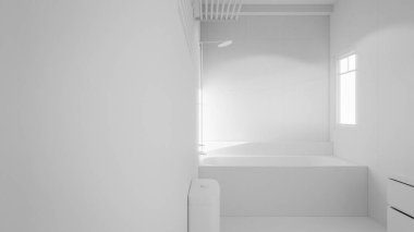 Modern minimalist banyo, mermer küvet, lavabo, ayna ve doğal ışıklandırma. Mimari, iç mimari, gayrimenkul ve ev dekorasyonu için mükemmel..