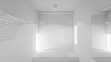 Modern minimalist banyo, mermer küvet, lavabo, ayna ve doğal ışıklandırma. Mimari, iç mimari, gayrimenkul ve ev dekorasyonu için mükemmel..