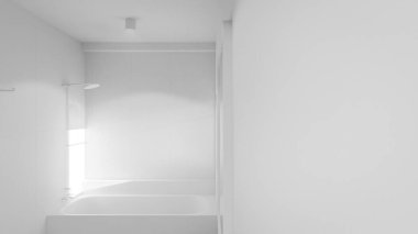 Modern minimalist banyo, mermer küvet, lavabo, ayna ve doğal ışıklandırma. Mimari, iç mimari, gayrimenkul ve ev dekorasyonu için mükemmel..