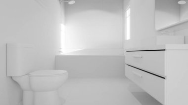 Modern minimalist banyo, mermer küvet, lavabo, ayna ve doğal ışıklandırma. Mimari, iç mimari, gayrimenkul ve ev dekorasyonu için mükemmel..