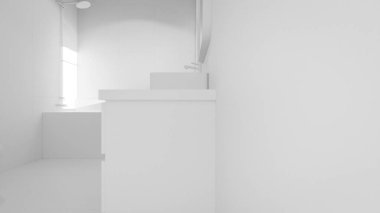 Modern minimalist banyo, mermer küvet, lavabo, ayna ve doğal ışıklandırma. Mimari, iç mimari, gayrimenkul ve ev dekorasyonu için mükemmel..