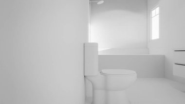 Modern minimalist banyo, mermer küvet, lavabo, ayna ve doğal ışıklandırma. Mimari, iç mimari, gayrimenkul ve ev dekorasyonu için mükemmel..