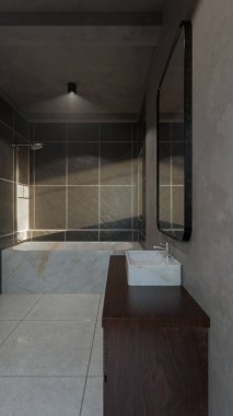 Modern minimalist banyo, mermer küvet, lavabo, ayna ve doğal ışıklandırma. Mimari, iç mimari, gayrimenkul ve ev dekorasyonu için mükemmel..