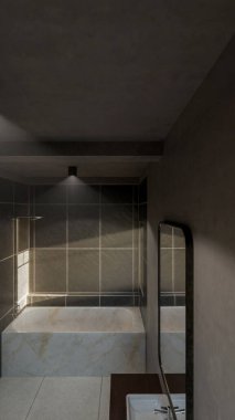 Modern minimalist banyo, mermer küvet, lavabo, ayna ve doğal ışıklandırma. Mimari, iç mimari, gayrimenkul ve ev dekorasyonu için mükemmel..