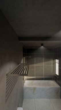Modern minimalist banyo, mermer küvet, lavabo, ayna ve doğal ışıklandırma. Mimari, iç mimari, gayrimenkul ve ev dekorasyonu için mükemmel..