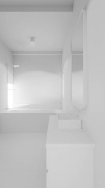 Modern minimalist banyo, mermer küvet, lavabo, ayna ve doğal ışıklandırma. Mimari, iç mimari, gayrimenkul ve ev dekorasyonu için mükemmel..