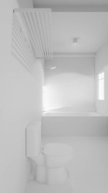 Modern minimalist banyo, mermer küvet, lavabo, ayna ve doğal ışıklandırma. Mimari, iç mimari, gayrimenkul ve ev dekorasyonu için mükemmel..