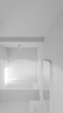 Modern minimalist banyo, mermer küvet, lavabo, ayna ve doğal ışıklandırma. Mimari, iç mimari, gayrimenkul ve ev dekorasyonu için mükemmel..