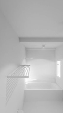 Modern minimalist banyo, mermer küvet, lavabo, ayna ve doğal ışıklandırma. Mimari, iç mimari, gayrimenkul ve ev dekorasyonu için mükemmel..