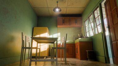 Sarı buzdolabı, yeşil duvar, ahşap dolaplar ve klasik yemek masası olan 3 boyutlu retro tarzı bir mutfak. Ev tasarımı, mimari, yaşam tarzı ve nostalji için mükemmel..