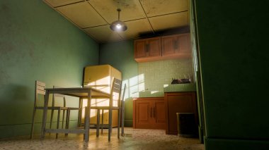 Sarı buzdolabı, yeşil duvar, ahşap dolaplar ve klasik yemek masası olan 3 boyutlu retro tarzı bir mutfak. Ev tasarımı, mimari, yaşam tarzı ve nostalji için mükemmel..