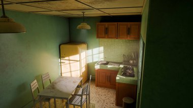 Sarı buzdolabı, yeşil duvar, ahşap dolaplar ve klasik yemek masası olan 3 boyutlu retro tarzı bir mutfak. Ev tasarımı, mimari, yaşam tarzı ve nostalji için mükemmel..