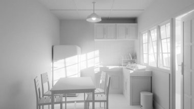 Sarı buzdolabı, yeşil duvar, ahşap dolaplar ve klasik yemek masası olan 3 boyutlu retro tarzı bir mutfak. Ev tasarımı, mimari, yaşam tarzı ve nostalji için mükemmel..