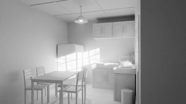 Sarı buzdolabı, yeşil duvar, ahşap dolaplar ve klasik yemek masası olan 3 boyutlu retro tarzı bir mutfak. Ev tasarımı, mimari, yaşam tarzı ve nostalji için mükemmel..